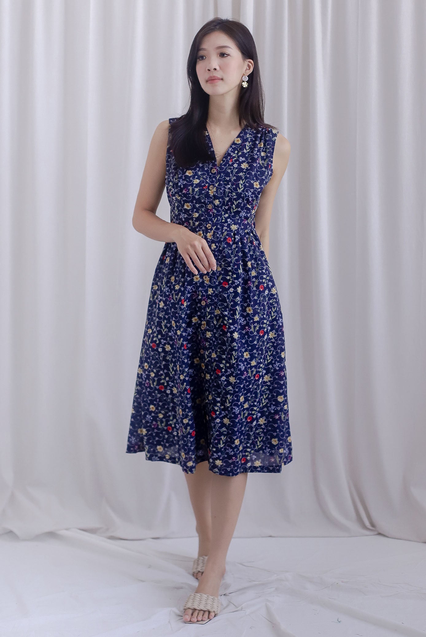 Isla Floral Eyelet Empire Waist Buttons Dress In Navy Blue