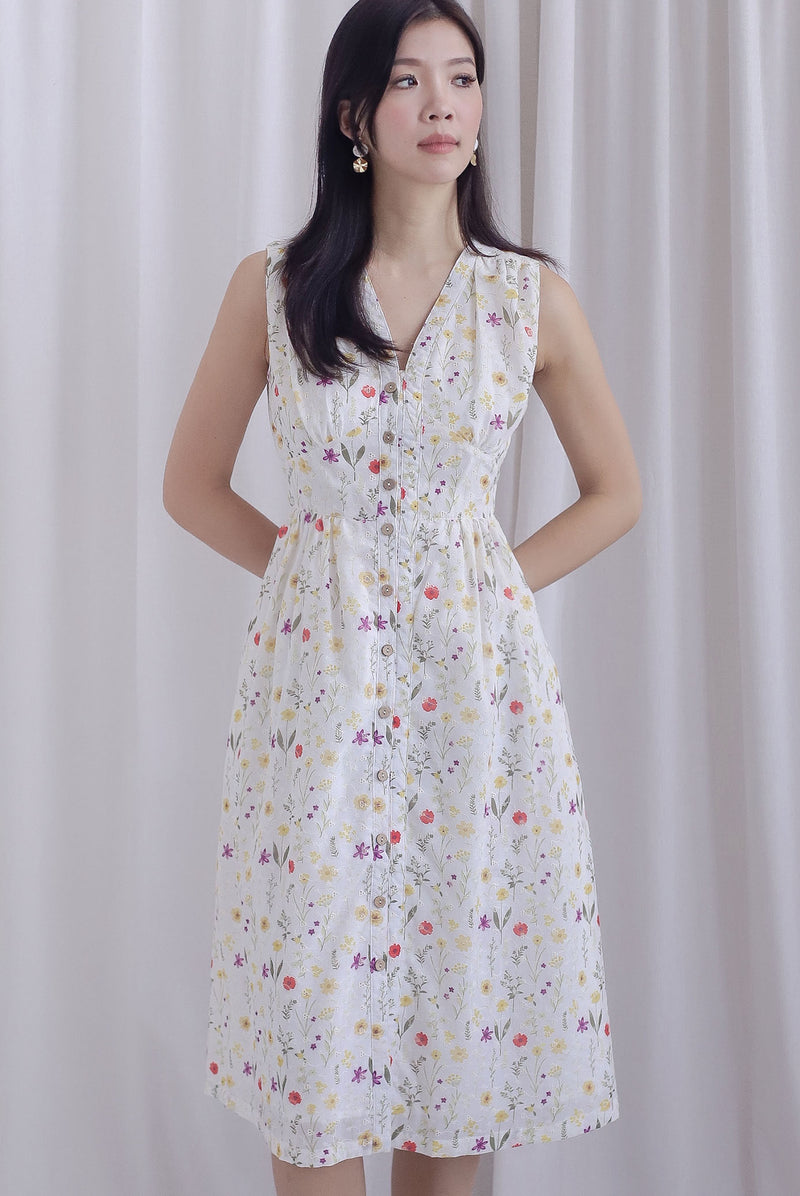 Isla Floral Eyelet Empire Waist Buttons Dress In White