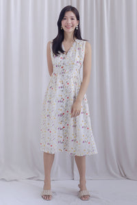 Isla Floral Eyelet Empire Waist Buttons Dress In White