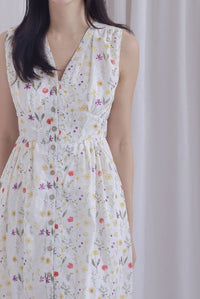 Isla Floral Eyelet Empire Waist Buttons Dress In White