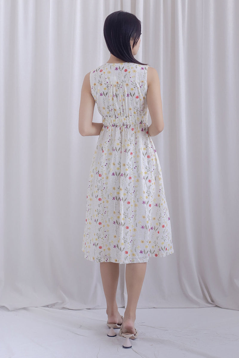 Isla Floral Eyelet Empire Waist Buttons Dress In White