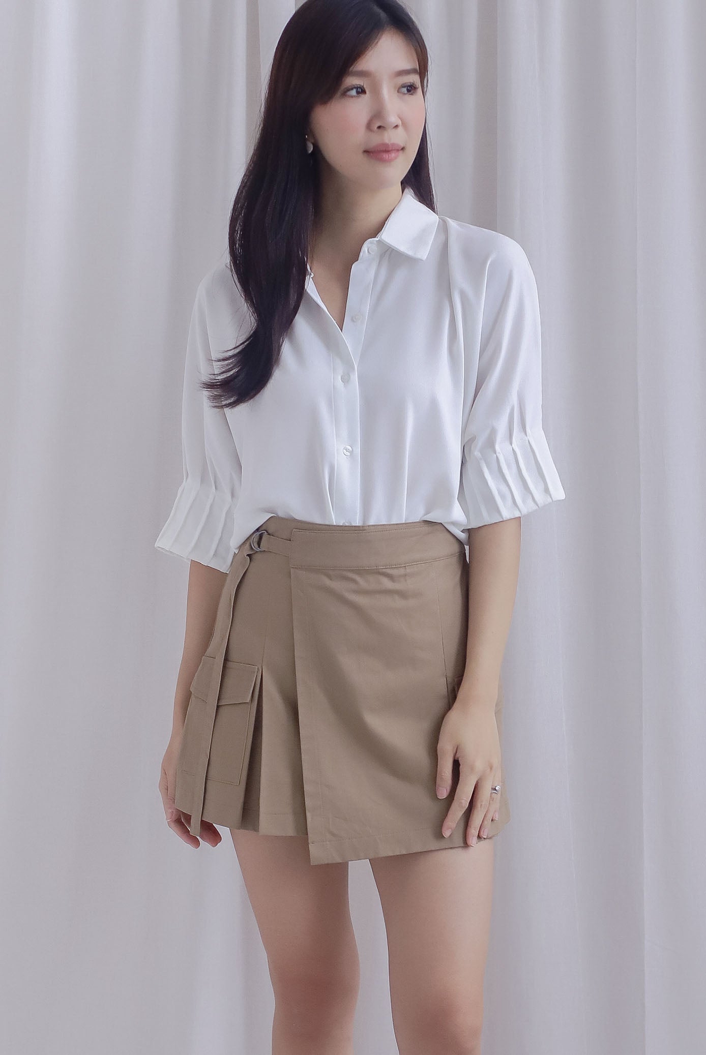Jacob Batwing Pleated Sleeves Shirt Top In White