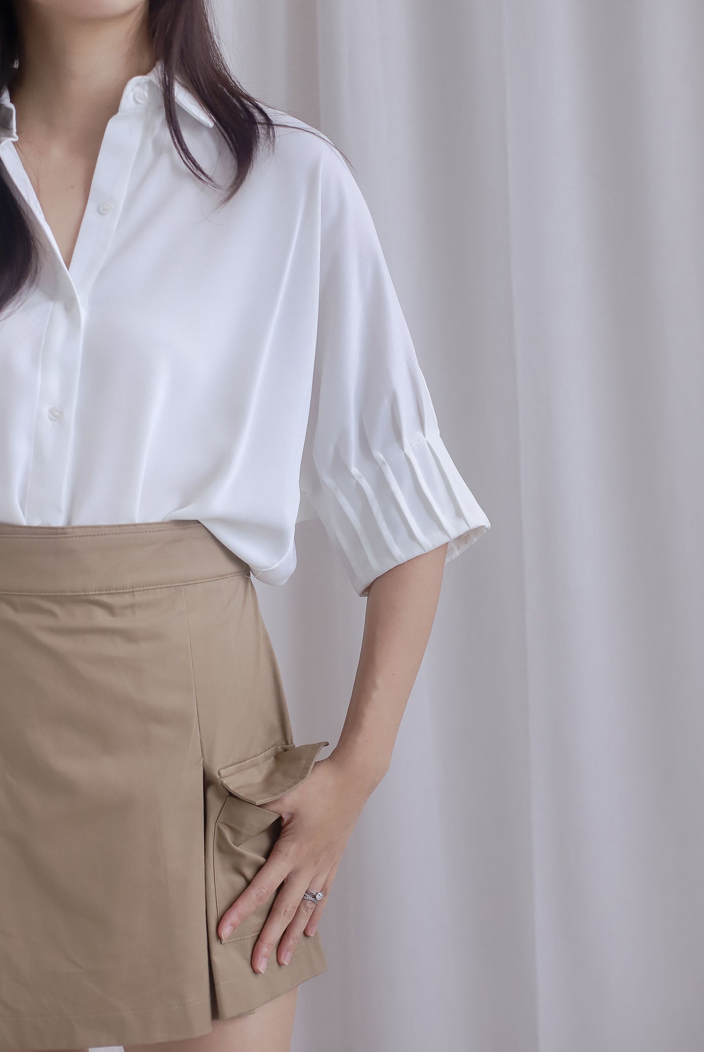 Jacob Batwing Pleated Sleeves Shirt Top In White