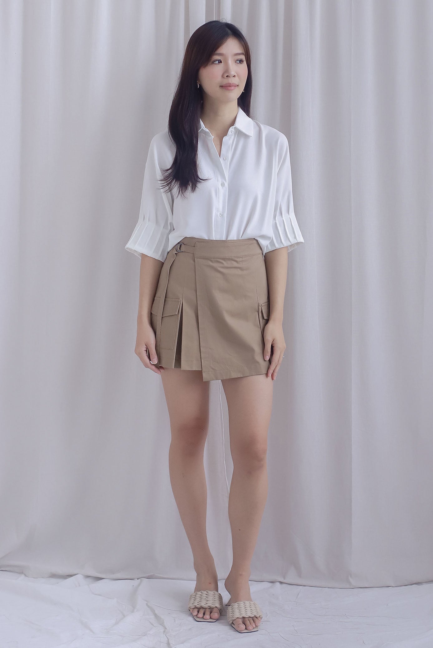 Jacob Batwing Pleated Sleeves Shirt Top In White