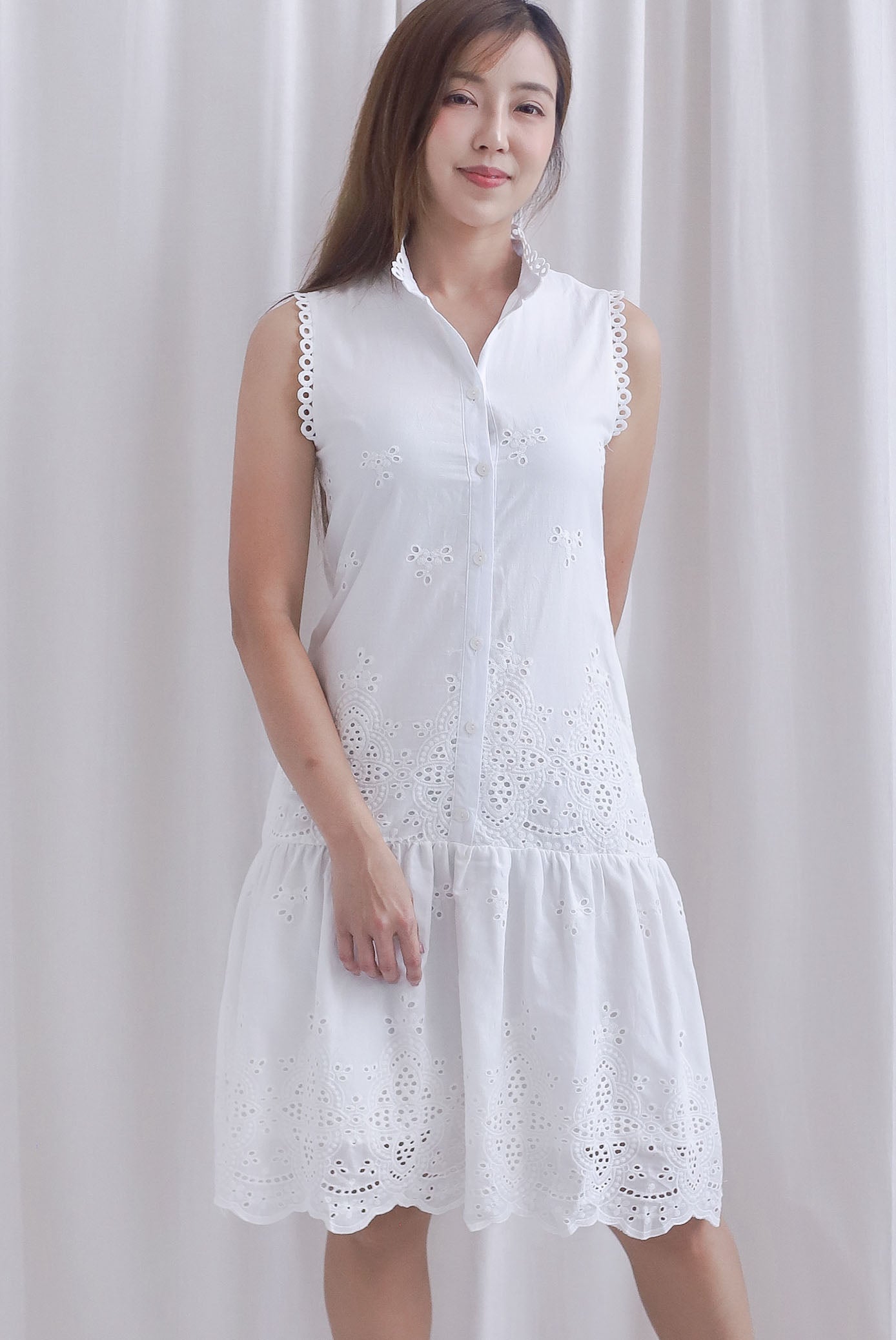 Jae Crochet High Collar Eyelet Buttons Down Dress In White