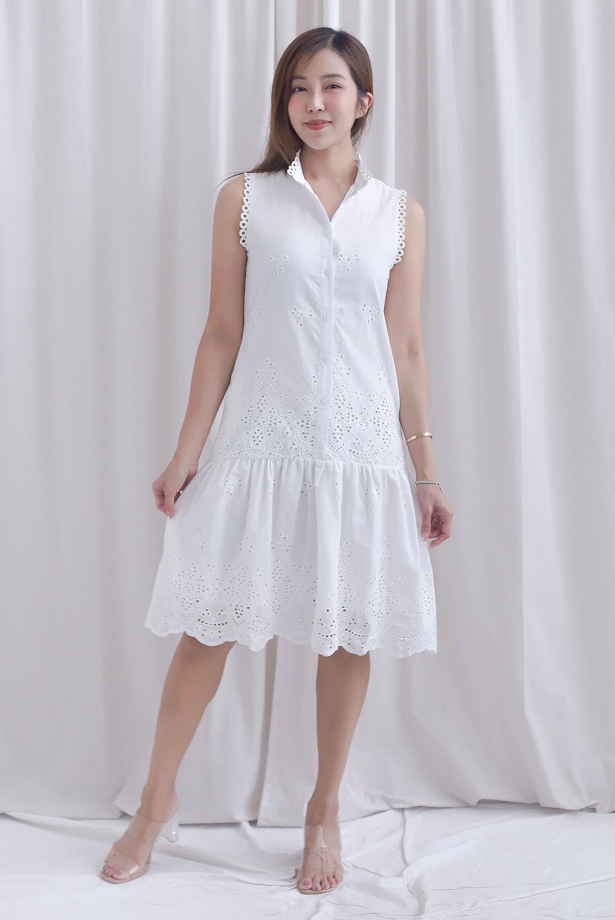 Jae Crochet High Collar Eyelet Buttons Down Dress In White