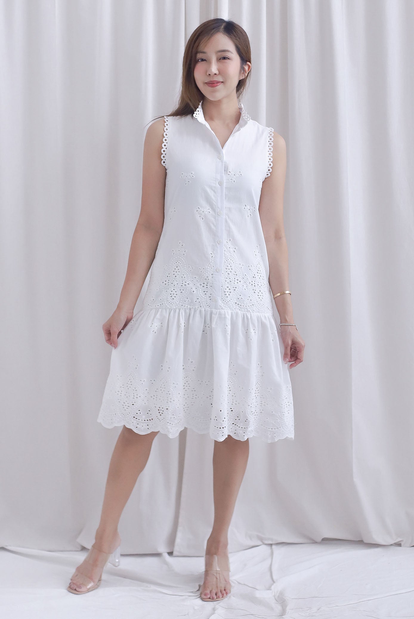 Jae Crochet High Collar Eyelet Buttons Down Dress In White