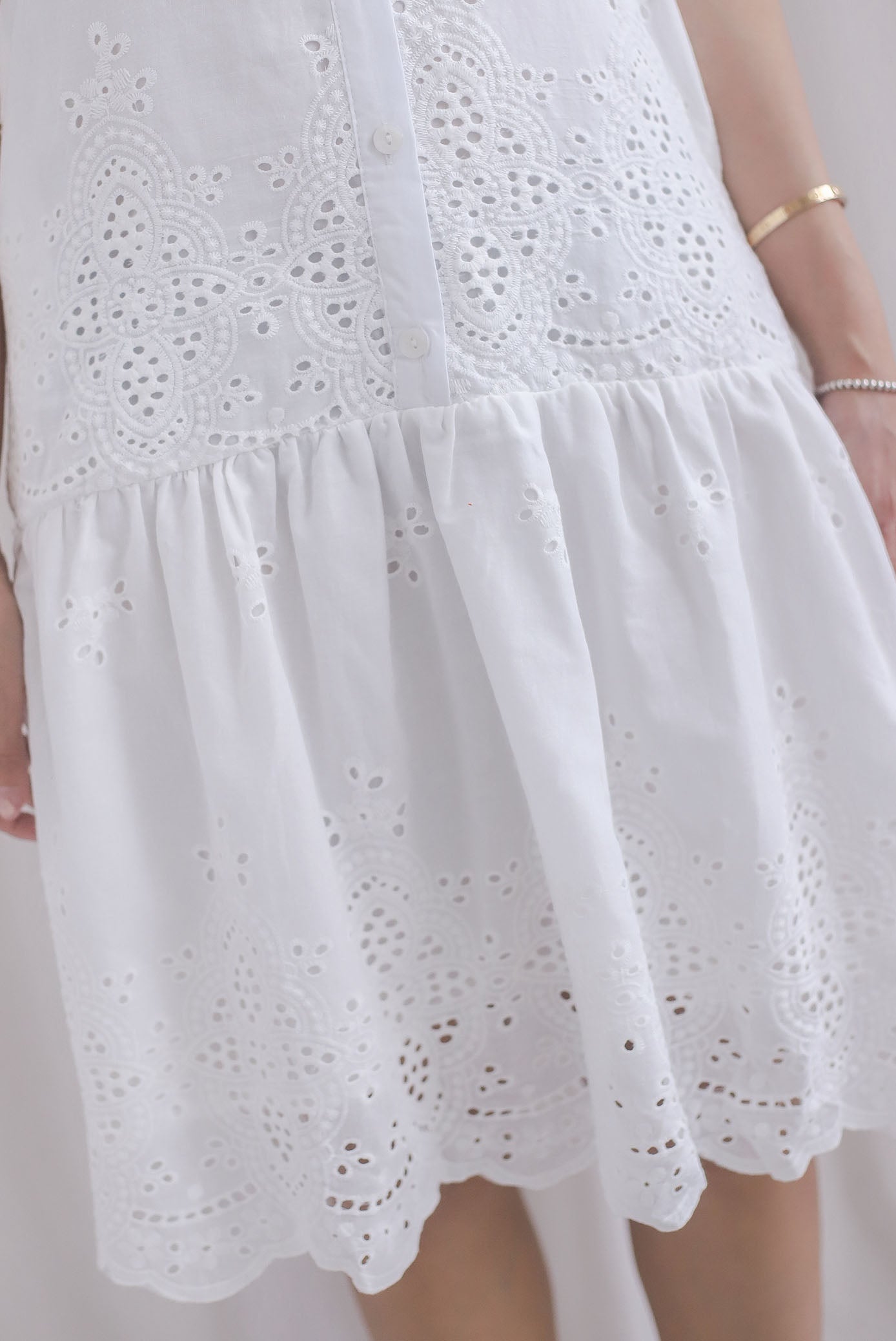 Jae Crochet High Collar Eyelet Buttons Down Dress In White