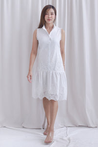 Jae Crochet High Collar Eyelet Buttons Down Dress In White