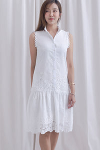 Jae Crochet High Collar Eyelet Buttons Down Dress In White
