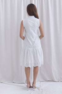 Jae Crochet High Collar Eyelet Buttons Down Dress In White