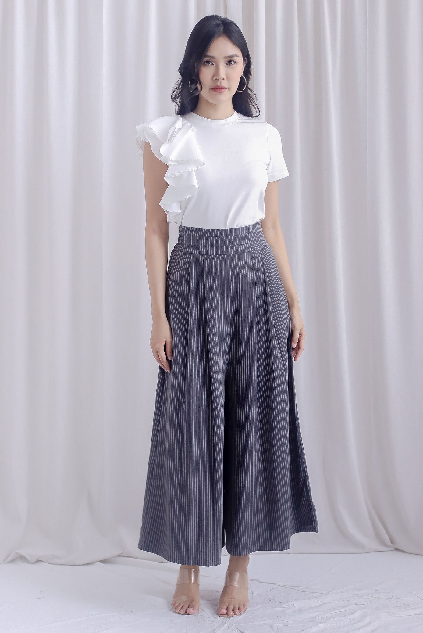 Janette Thick Waist Palazzo Pants In Grey Pinstripe