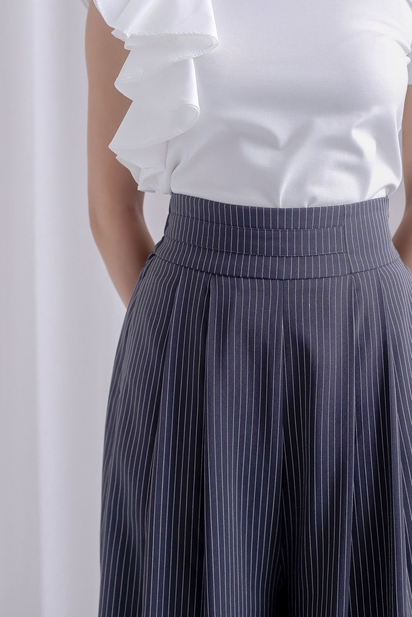 Janette Thick Waist Palazzo Pants In Grey Pinstripe