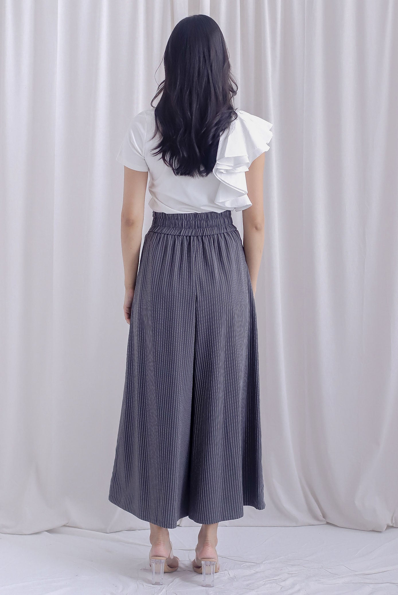 Janette Thick Waist Palazzo Pants In Grey Pinstripe