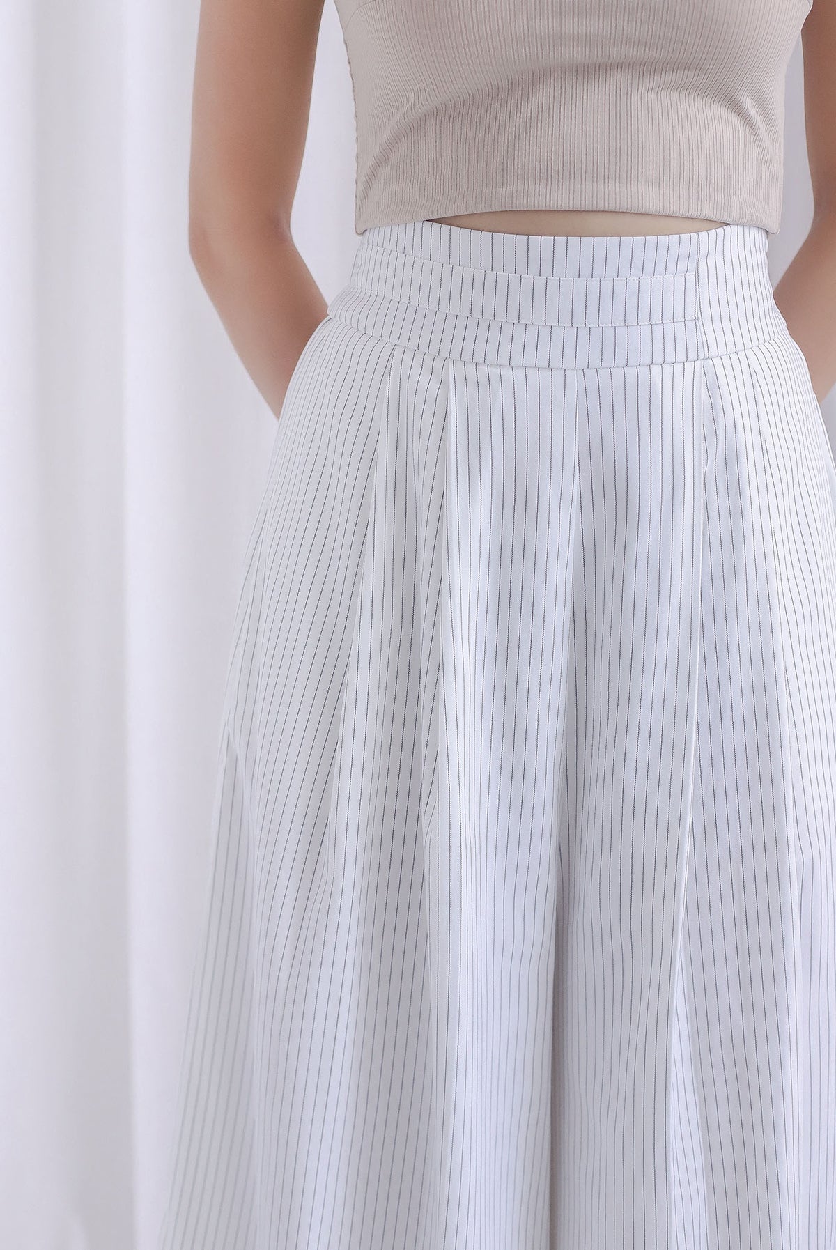 Janette Thick Waist Palazzo Pants In White Pinstripe