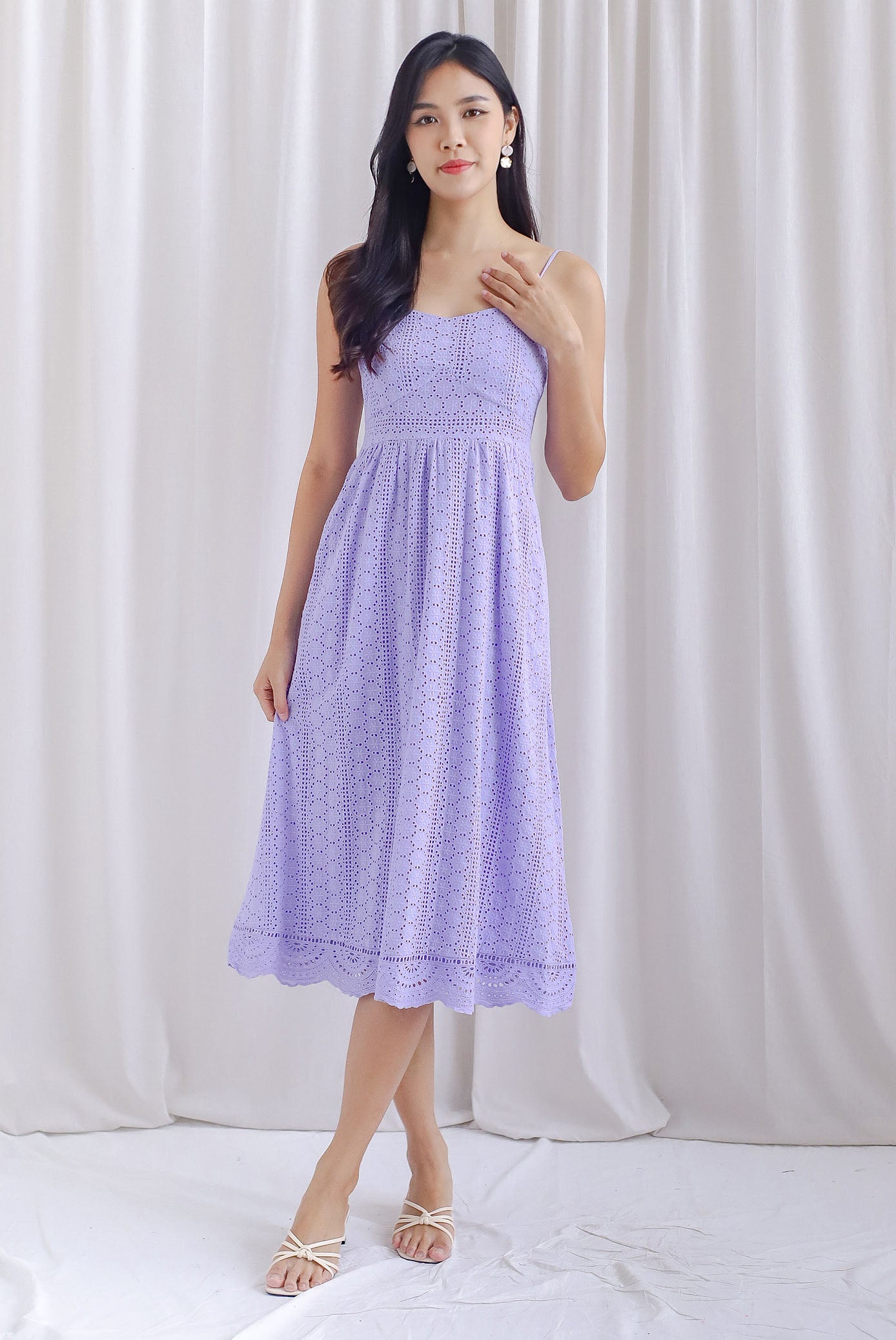 Restocked Jasmine Eyelet Spag Midi Dress In Lilac