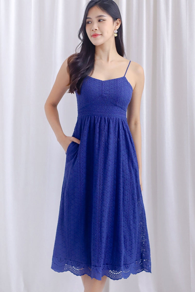 Jasmine Eyelet Spag Midi Dress In Navy Blue – The Design Closets
