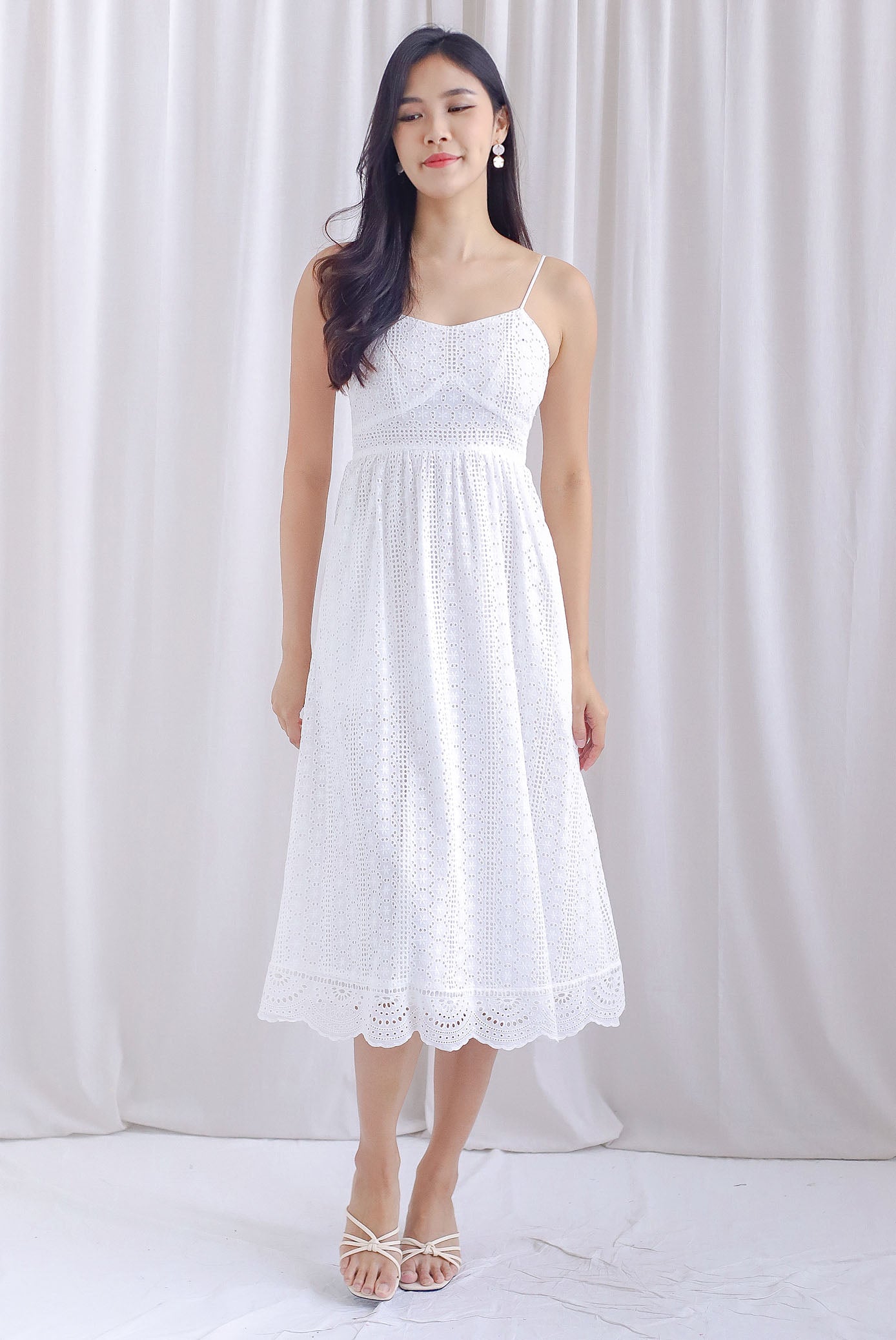 Jasmine Eyelet Spag Midi Dress In White The Design Closets Jasmine Eyelet Spag Midi Dress In White The Design Closets
