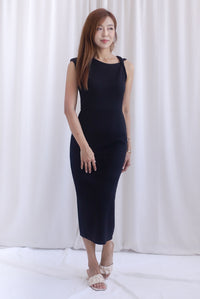Jean Twisted Shoulder Pencil Midi Dress In Black