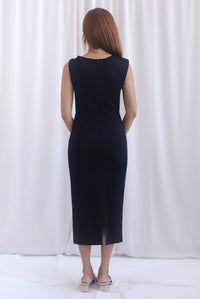 Jean Twisted Shoulder Pencil Midi Dress In Black