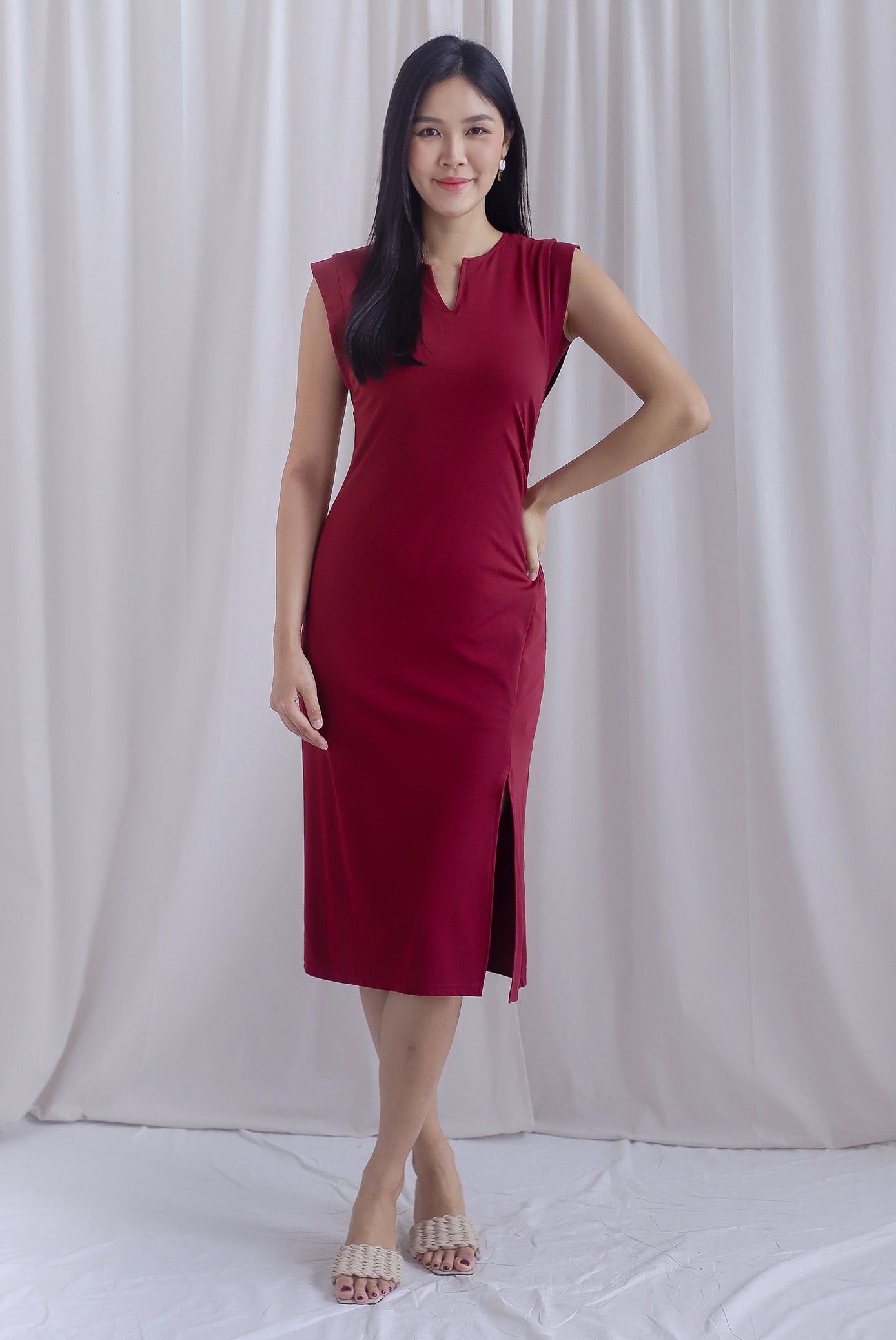 Jeannie Ruch Waist Slit Dress In Wine Red