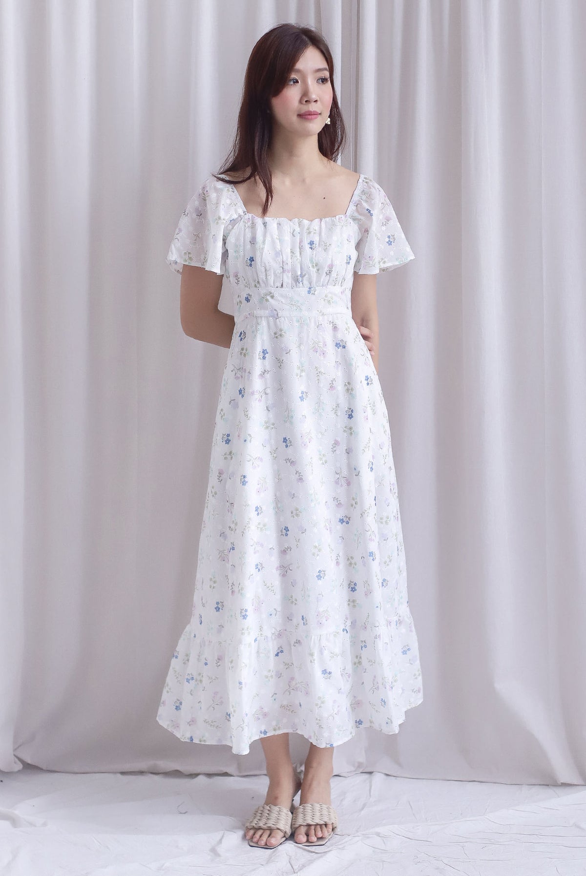 Jen Embro Ruched Front Sleeved Maxi Dress In Lilac Blue