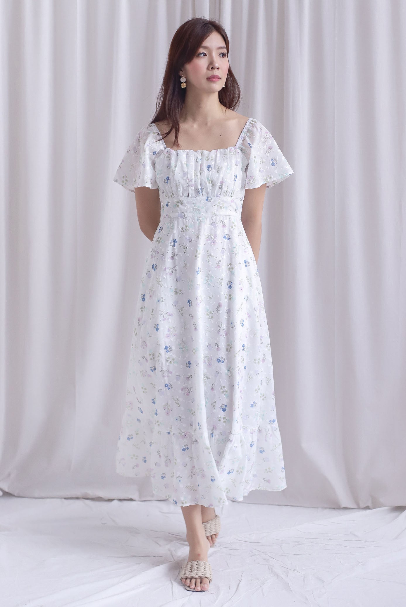 Jen Embro Ruched Front Sleeved Maxi Dress In Lilac Blue
