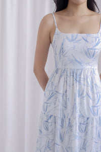 Jennie Spaghetti Tier Maxi Dress In Blue Leafy