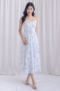 Jennie Spaghetti Tier Maxi Dress In Blue Leafy