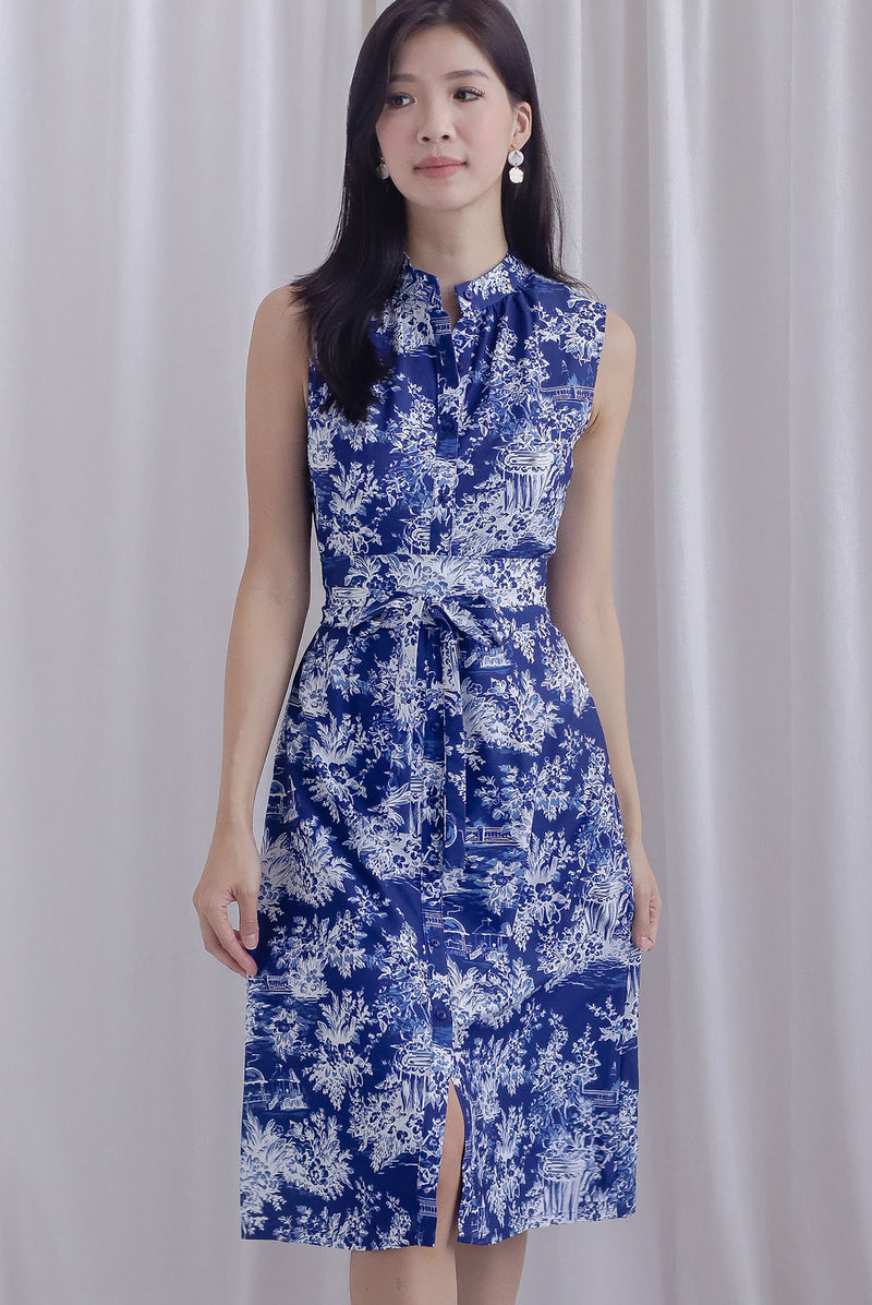 Jerelle Porcelain Obi Sash Dress In Navy blue