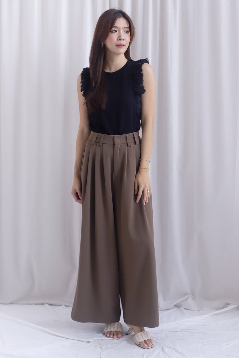 Jevon Wide Legged Pleated Palazzo Pants In Mocha