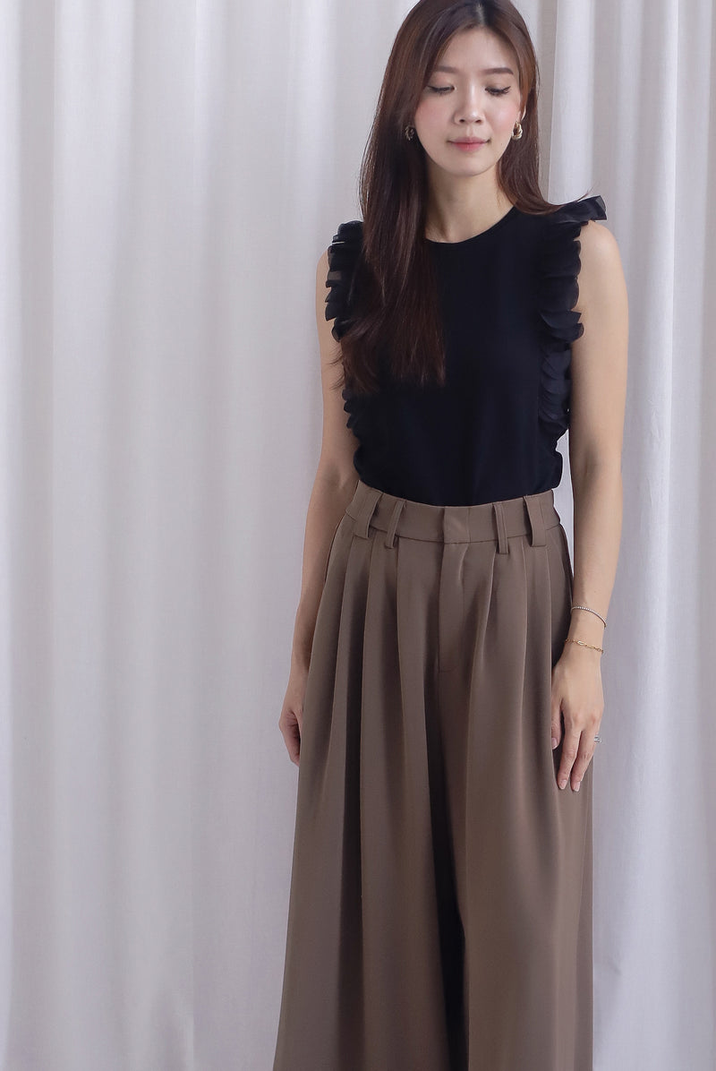 Jevon Wide Legged Pleated Palazzo Pants In Mocha