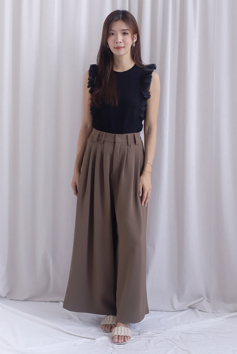 Jevon Wide Legged Pleated Palazzo Pants In Mocha