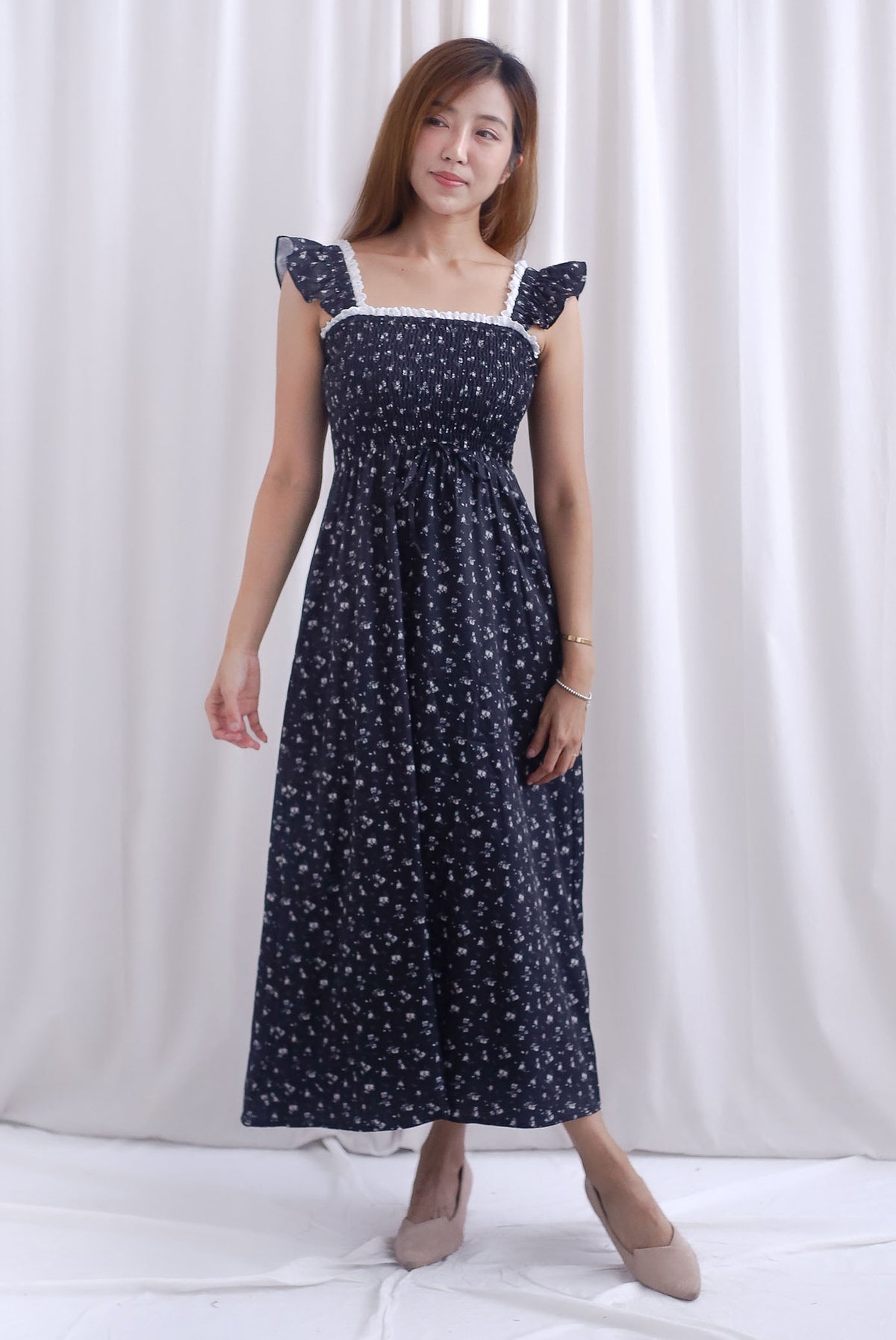 Jezebel Ruffle Strap Lattice Smocked Maxi Dress In Black Floral