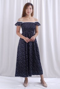Jezebel Ruffle Strap Lattice Smocked Maxi Dress In Black Floral