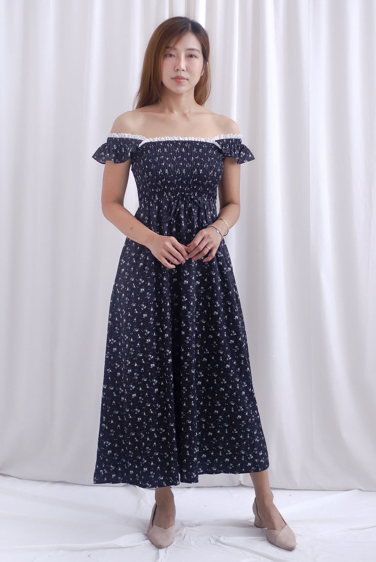 Jezebel Ruffle Strap Lattice Smocked Maxi Dress In Black Floral