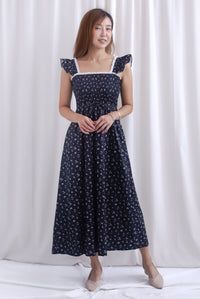 Jezebel Ruffle Strap Lattice Smocked Maxi Dress In Black Floral