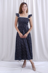 Jezebel Ruffle Strap Lattice Smocked Maxi Dress In Black Floral