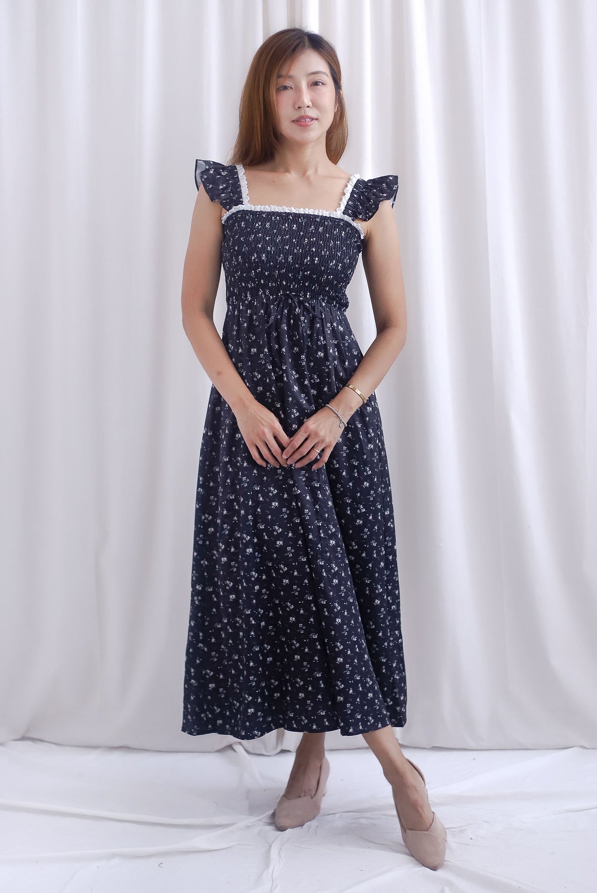 Jezebel Ruffle Strap Lattice Smocked Maxi Dress In Black Floral