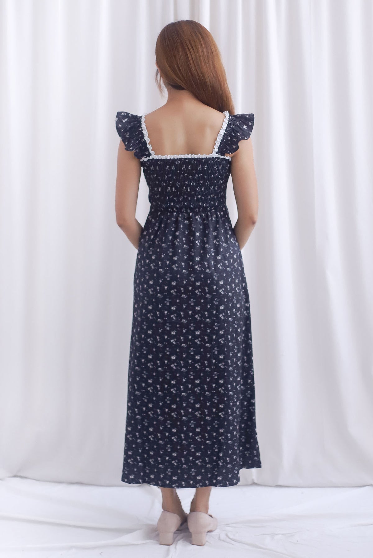 Jezebel Ruffle Strap Lattice Smocked Maxi Dress In Black Floral