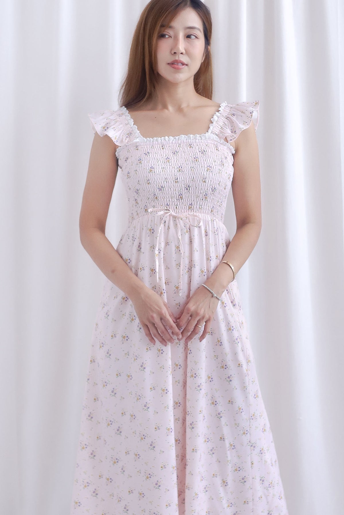 Jezebel Ruffle Strap Lattice Smocked Maxi Dress In Pink Floral