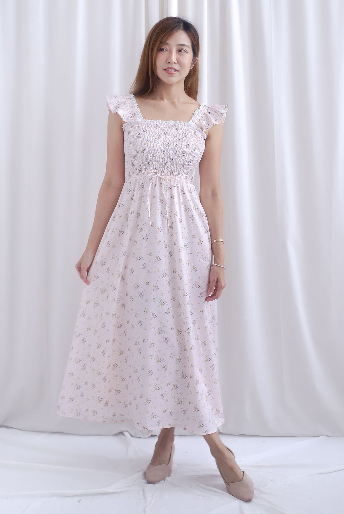 Jezebel Ruffle Strap Lattice Smocked Maxi Dress In Pink Floral