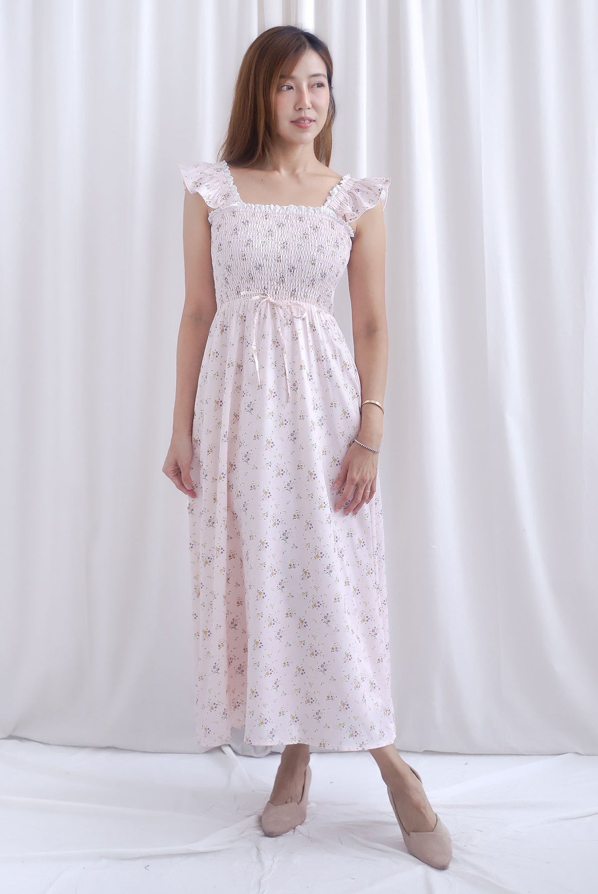 Jezebel Ruffle Strap Lattice Smocked Maxi Dress In Pink Floral