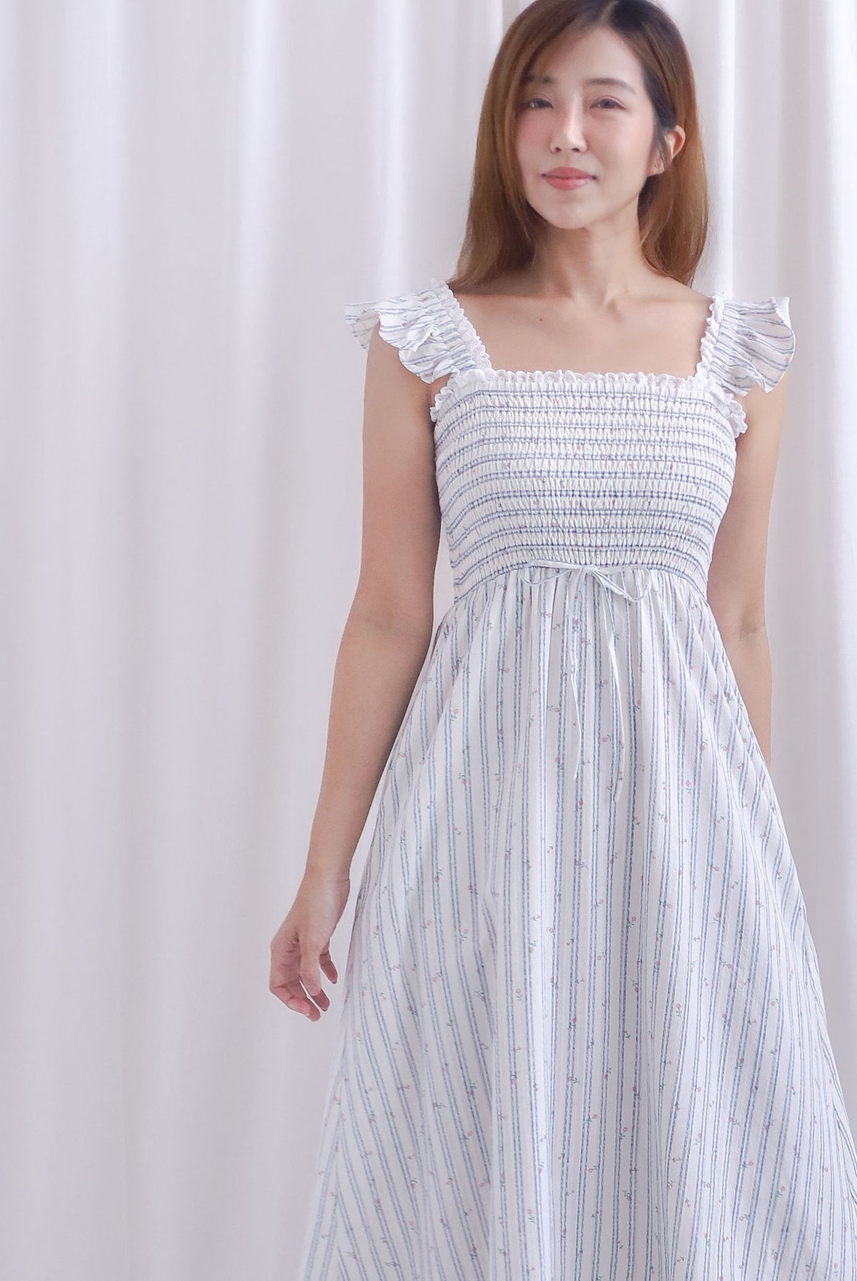 Jezebel Ruffle Strap Lattice Smocked Maxi Dress In Stripes Floral
