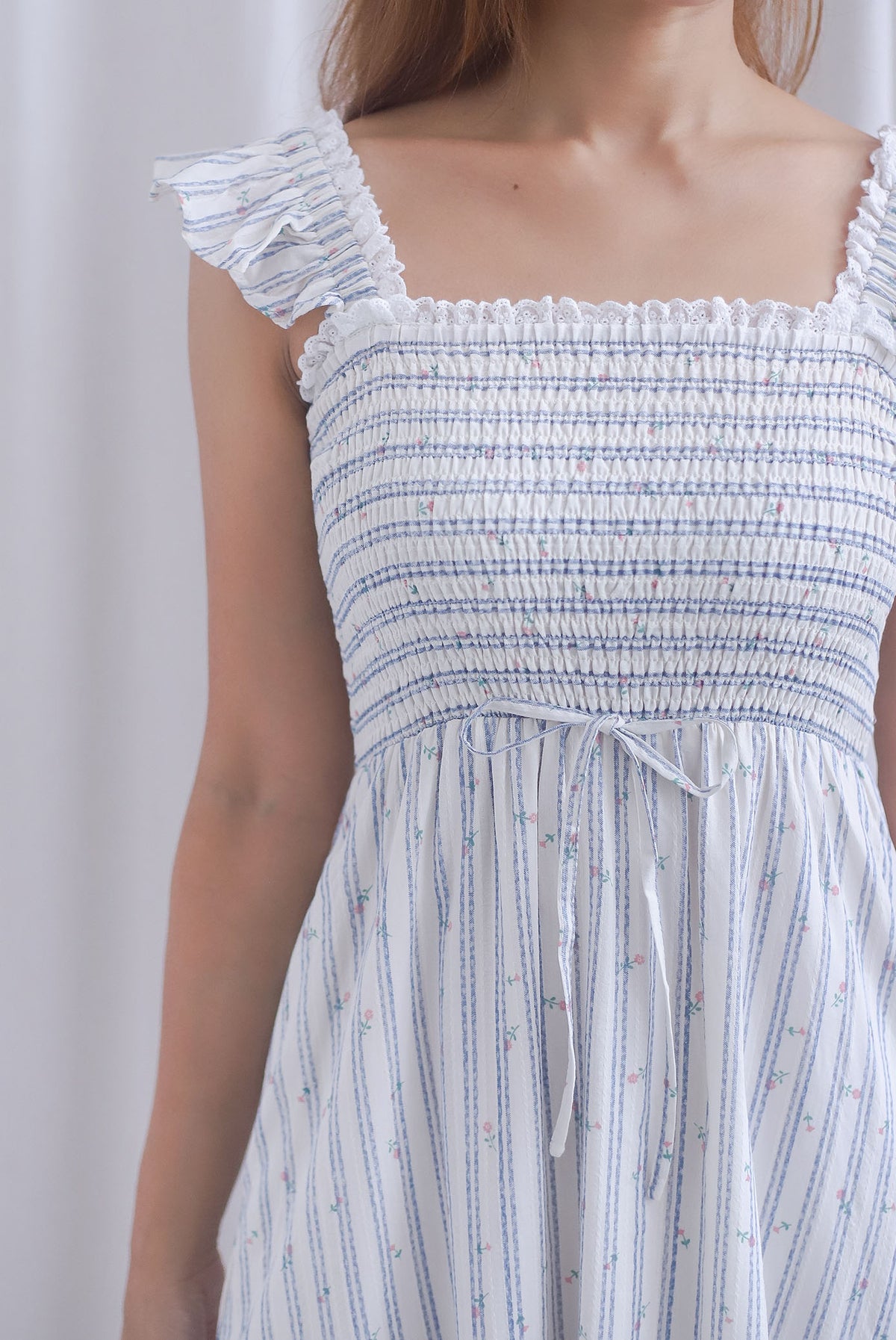Jezebel Ruffle Strap Lattice Smocked Maxi Dress In Stripes Floral