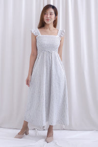 Jezebel Ruffle Strap Lattice Smocked Maxi Dress In Stripes Floral
