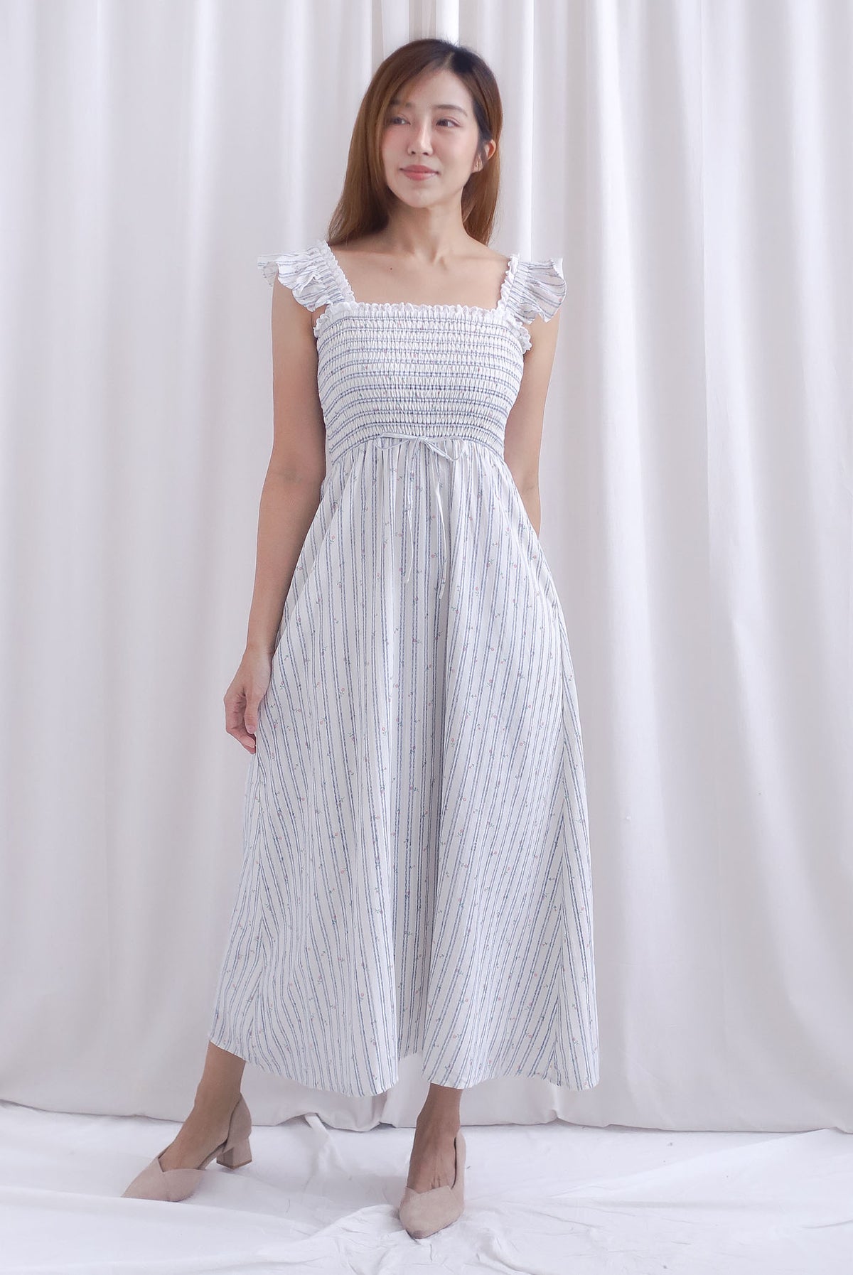 Jezebel Ruffle Strap Lattice Smocked Maxi Dress In Stripes Floral