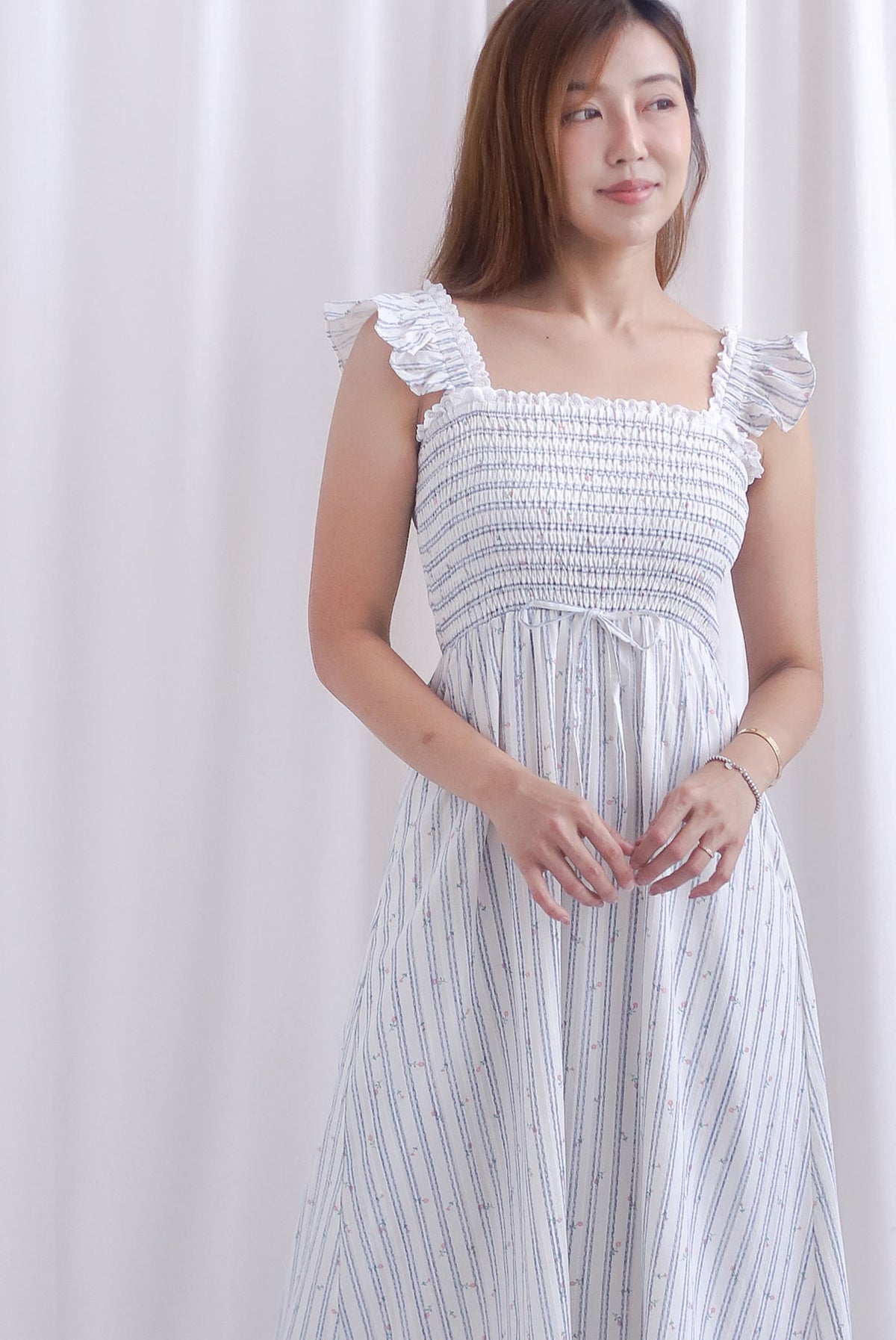 Jezebel Ruffle Strap Lattice Smocked Maxi Dress In Stripes Floral