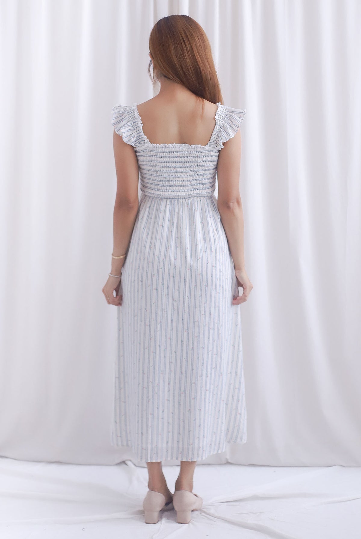 Jezebel Ruffle Strap Lattice Smocked Maxi Dress In Stripes Floral