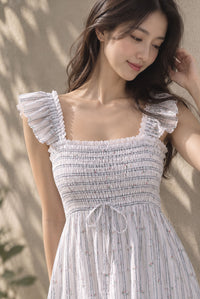 Jezebel Ruffle Strap Lattice Smocked Maxi Dress In Stripes Floral